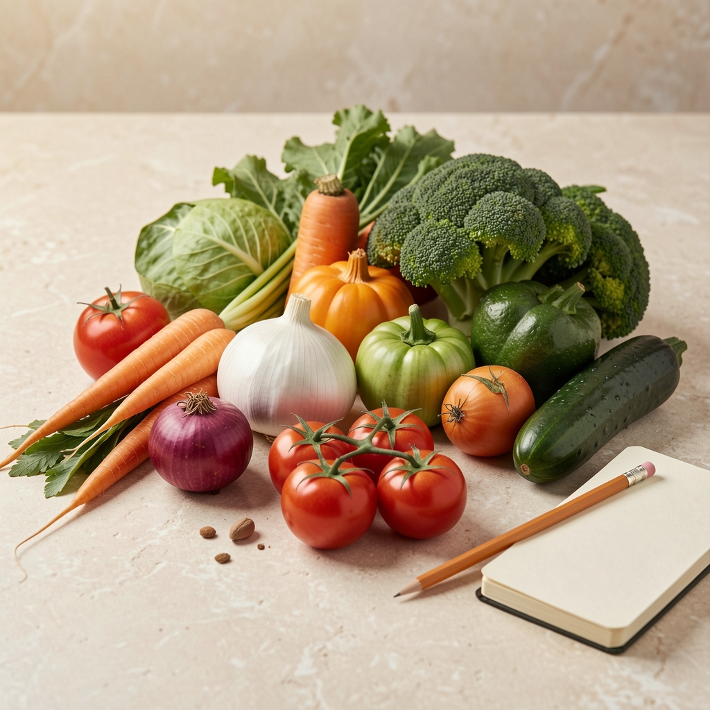 Seasonal vegetables arranged on a pale stone surface with a small notebook and pencil beside them